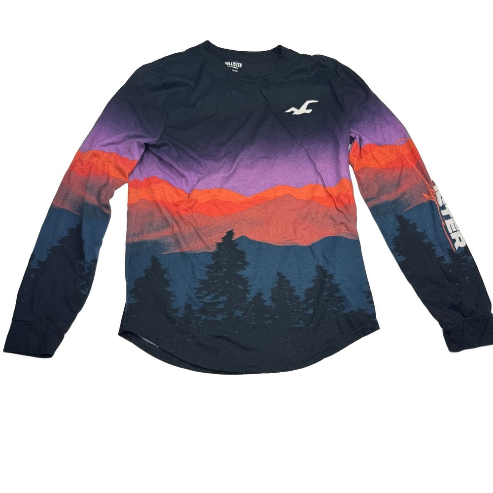 Hollister Mens Small Long Sleeve Graphic T Shirt Mountain Sunset Forest